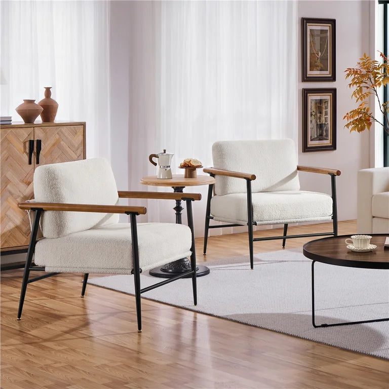Ivory Boucle Lounge Chair with Wood Armrests