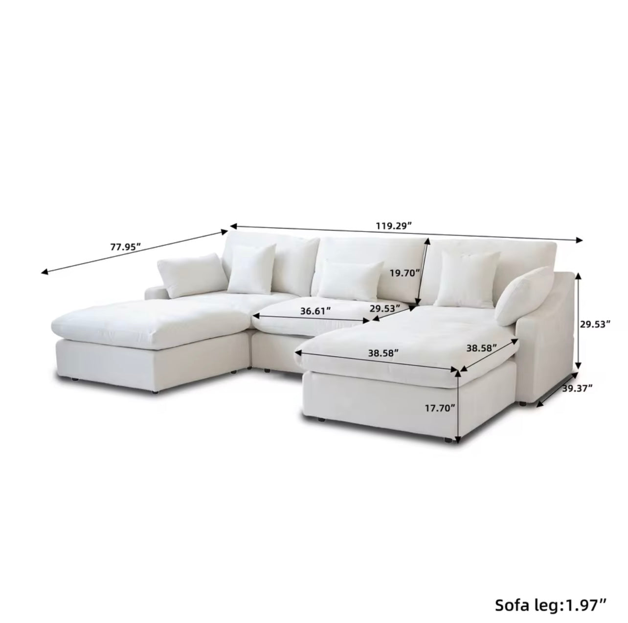 120” L-Shaped White Sectional Sofa, Modular Couch with Ottoman