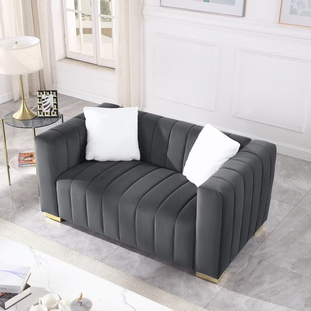 Grey or Beige 3 Seater Sofa - Velvet Loveseat Sofa