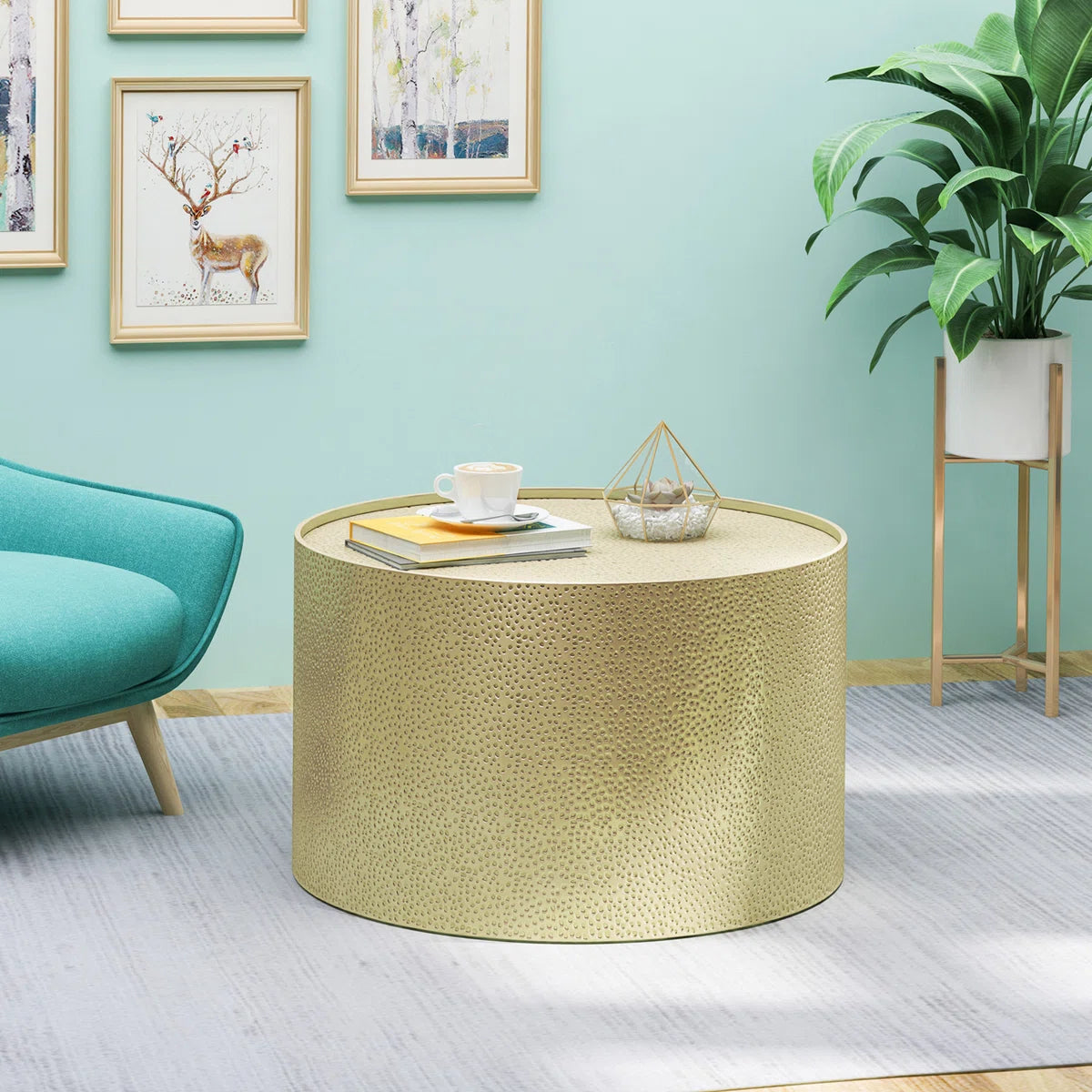 26" Modern Gold Round Metal Coffee Table