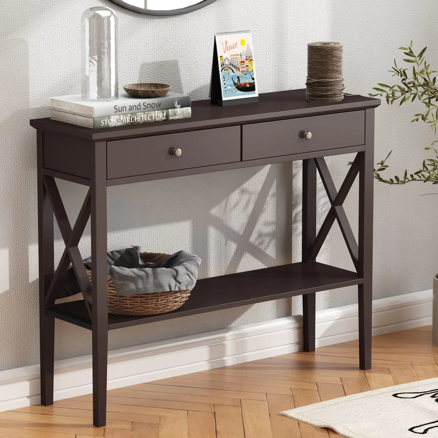 Narrow Espresso Console Table with Drawers and Shelf