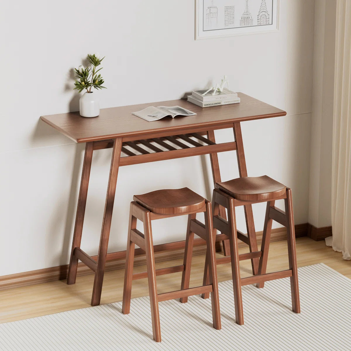 3-Piece Retro Pub Dining Set with Shelf & Hooks