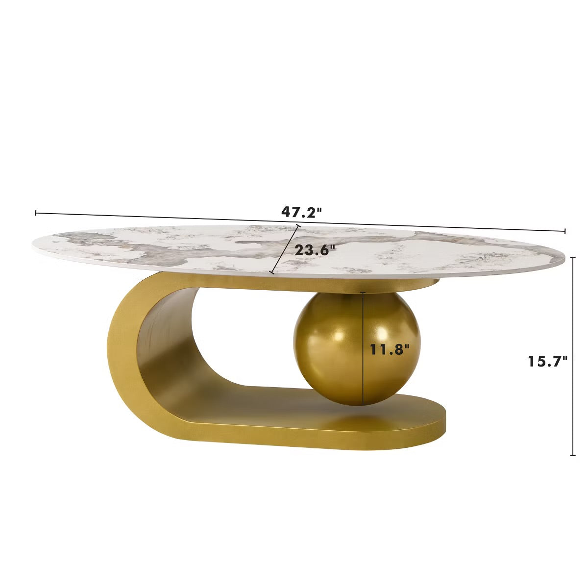 47.2" Marble Oval Coffee Table, Modern White and Gold Coffee Table