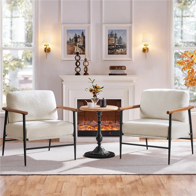 Ivory Boucle Lounge Chair with Wood Armrests