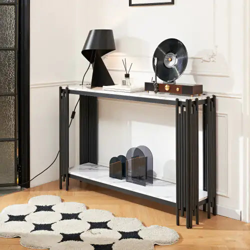 Black MDF 2-Tier Faux Marble Console Table