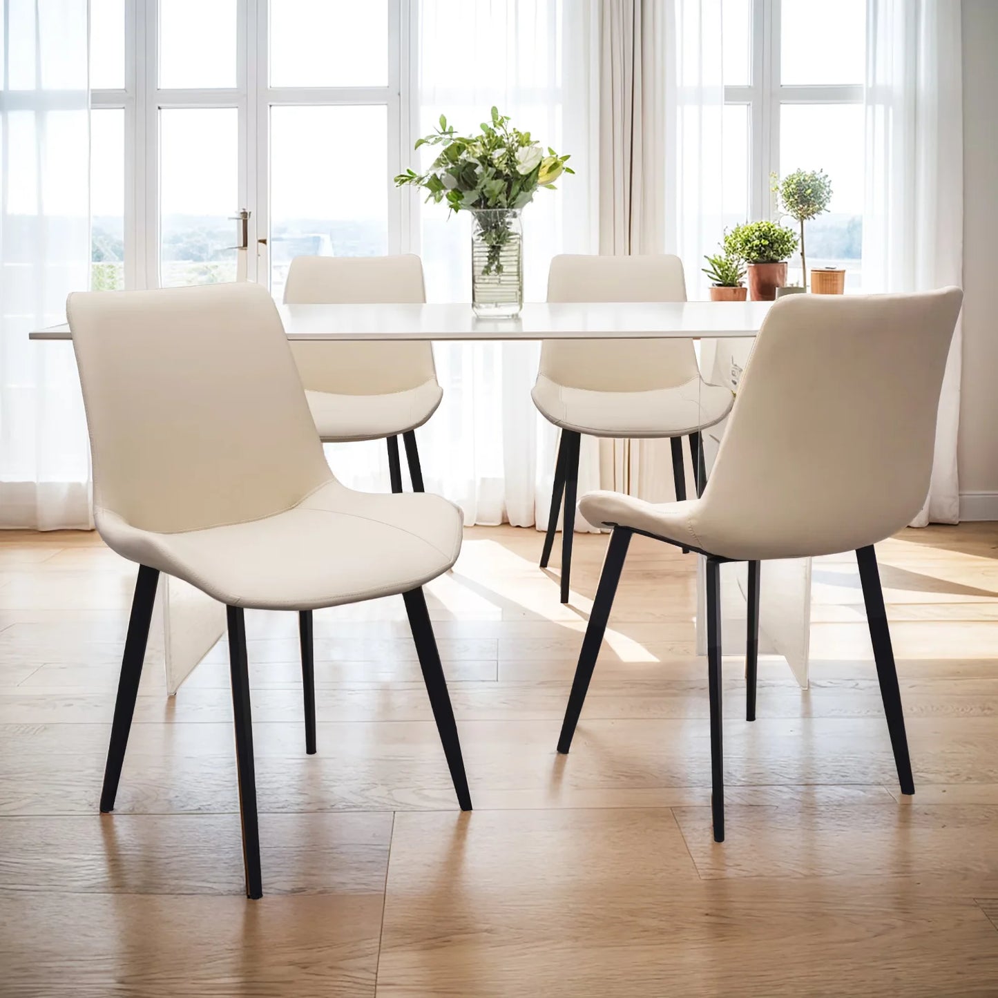 Set of 4 Tan PU Leather Upholstered Dining Chairs