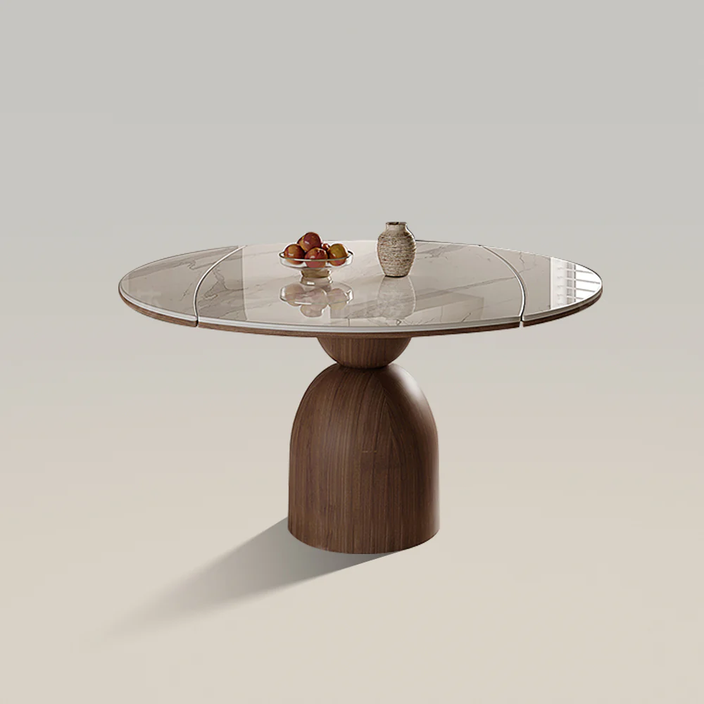 Modern Round Extendable Dining Table, Minimalist Walnut Wood Table