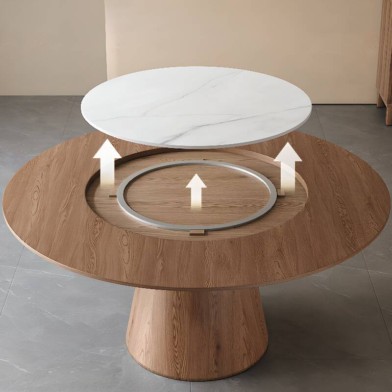 Italian Solid Wood Round Dining Table with Rotating Stone Center