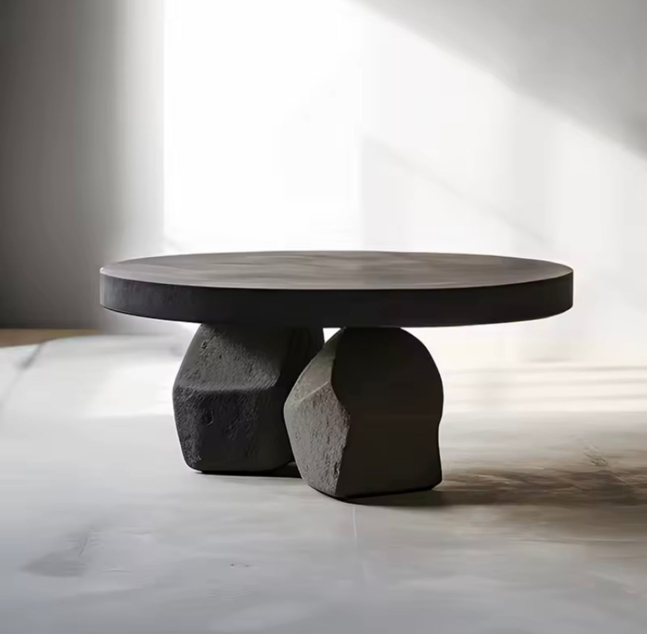 Mid-Century Black-Tinted Sculptural Coffee Table, Wood Round Top