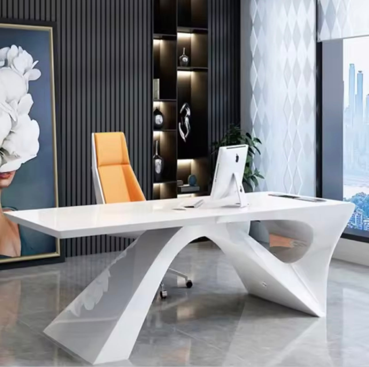 High-Gloss Luxury Executive Office Desk, Reversible Design, White