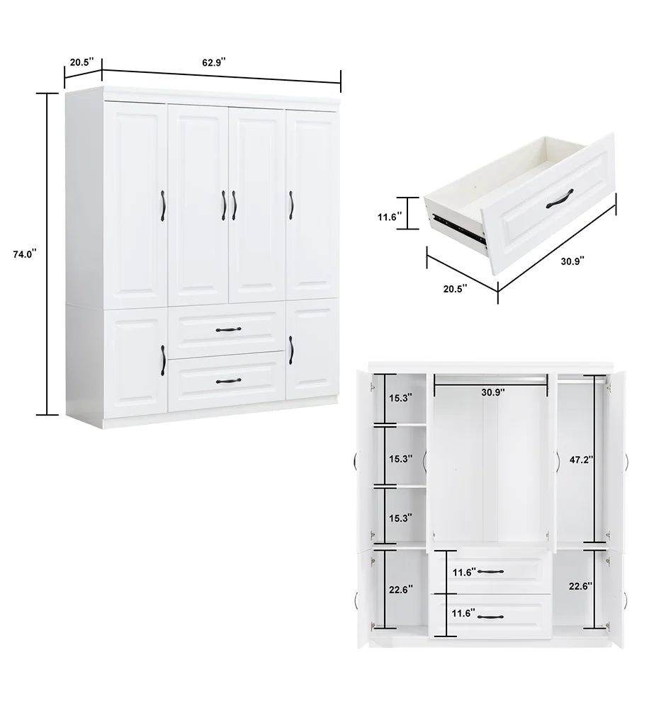 78" White 2-Door Wardrobe Closet with Shelves
