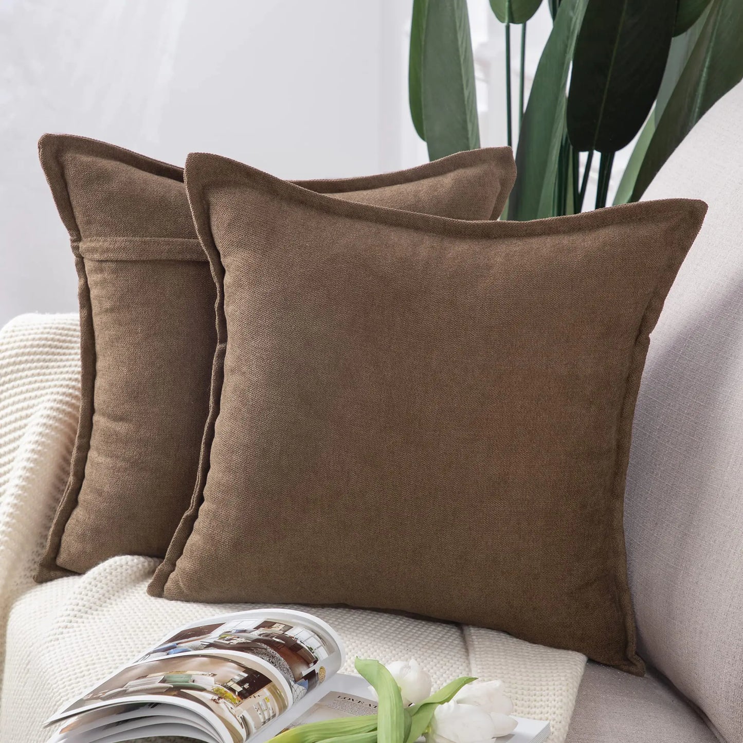 Set of 2 Brown Chenille Pillow Covers 16"x16"