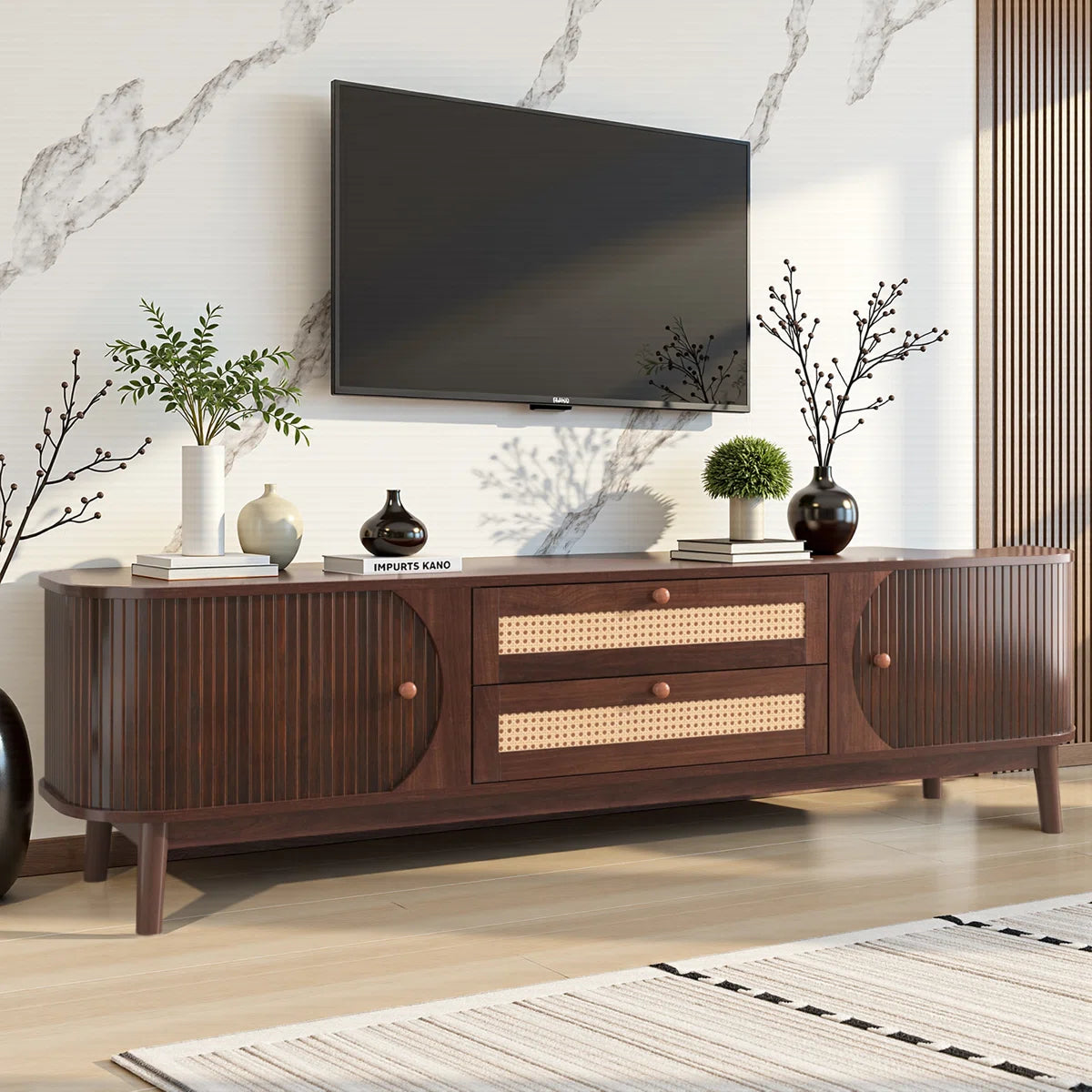 Modern Rattan TV Stand with Solid Wood Legs 75"