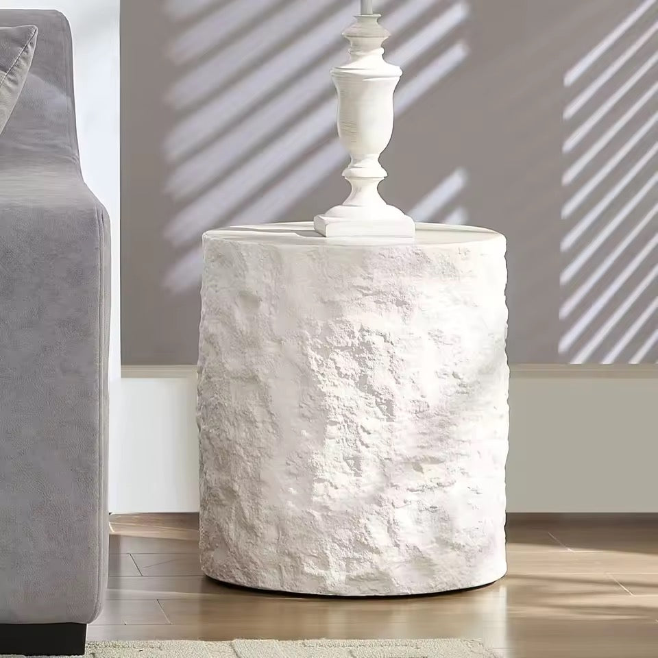 Round Cement Stone Drum Coffee Table, Fiberglass Faux Marble Finish