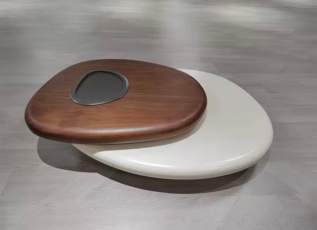 Swivel Wood Coffee Table, Dual-Tier Rotating Oval Center Table