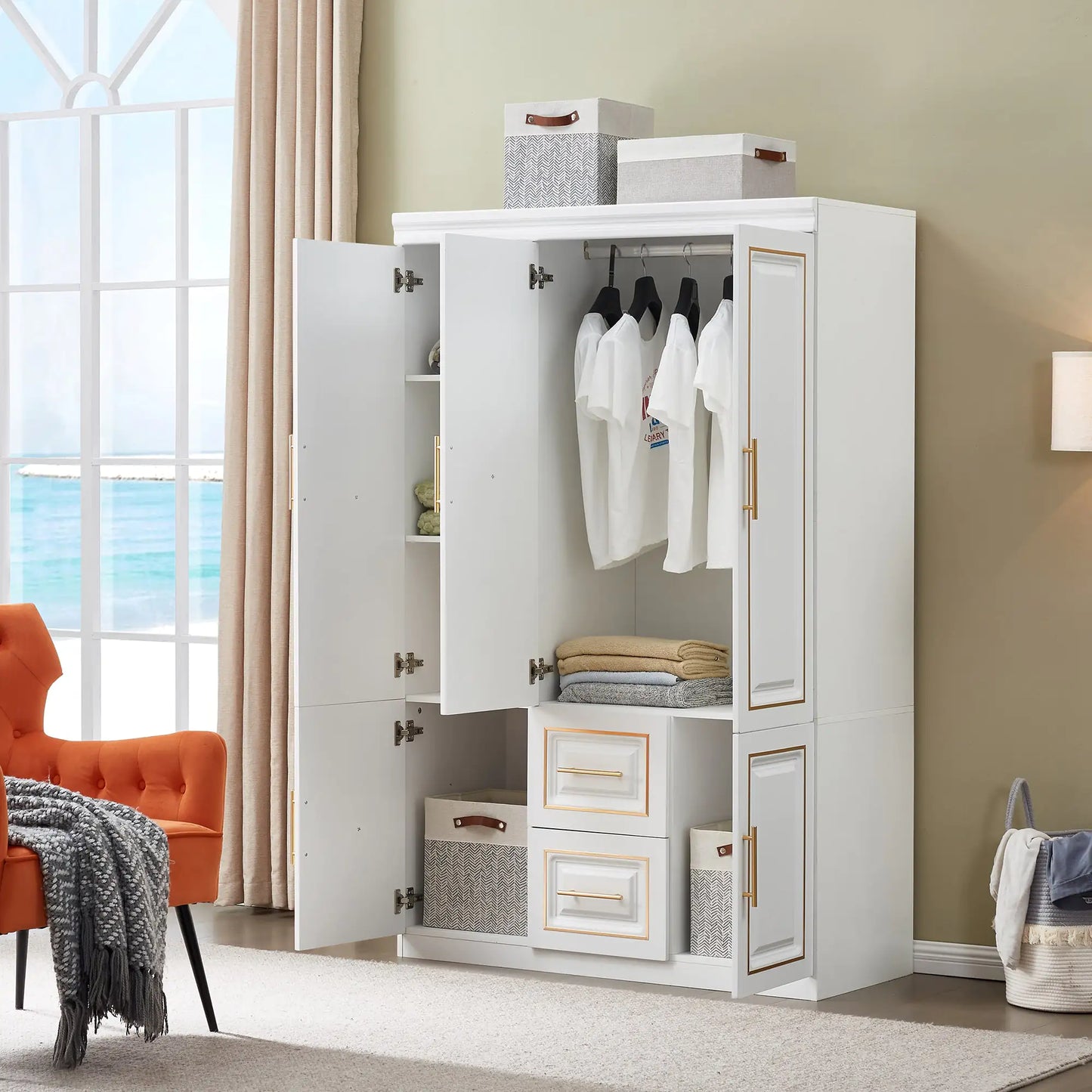 74" White 3-Door Bedroom Wardrobe with Drawers