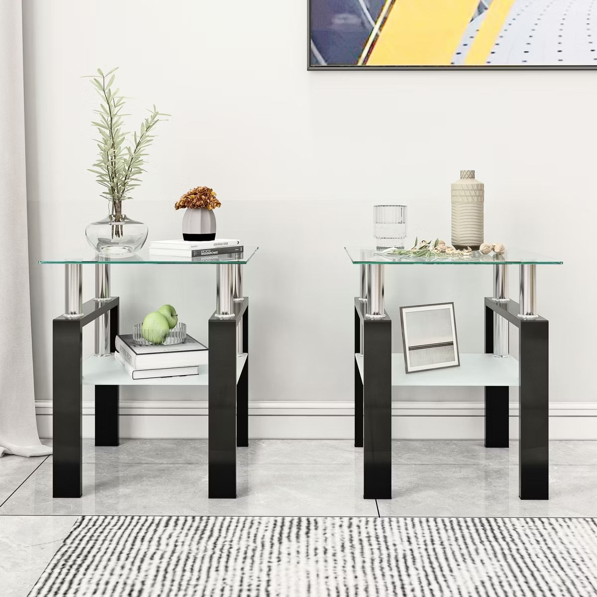 Set of 2 Black Tempered Glass Coffee Tables