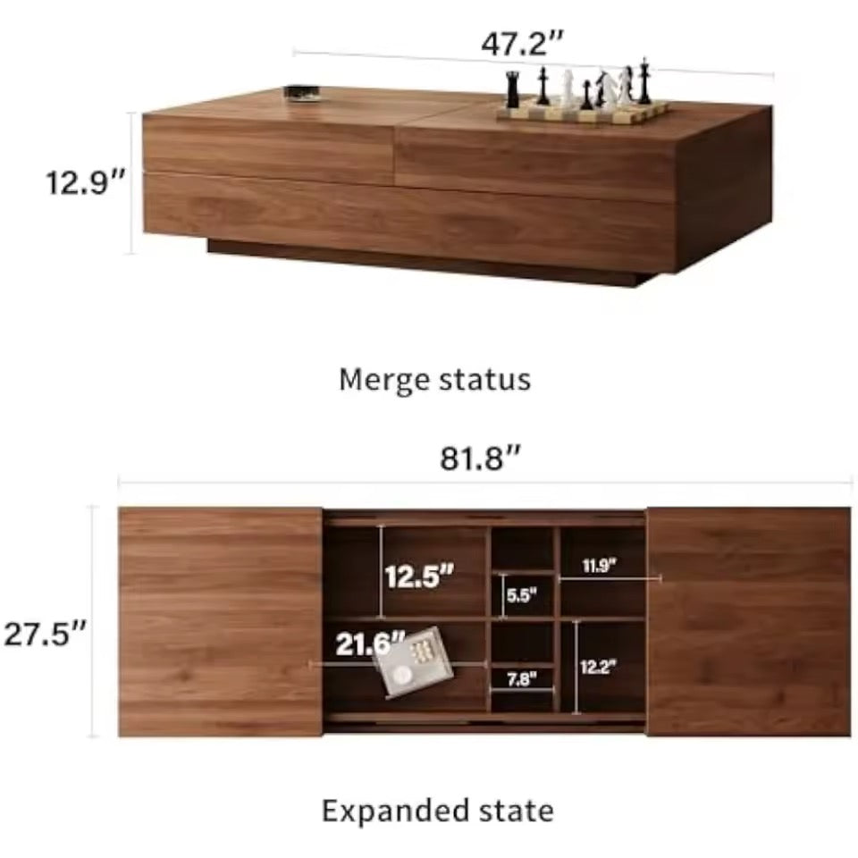 Mid-Century Expandable Brown Coffee Table with Storage