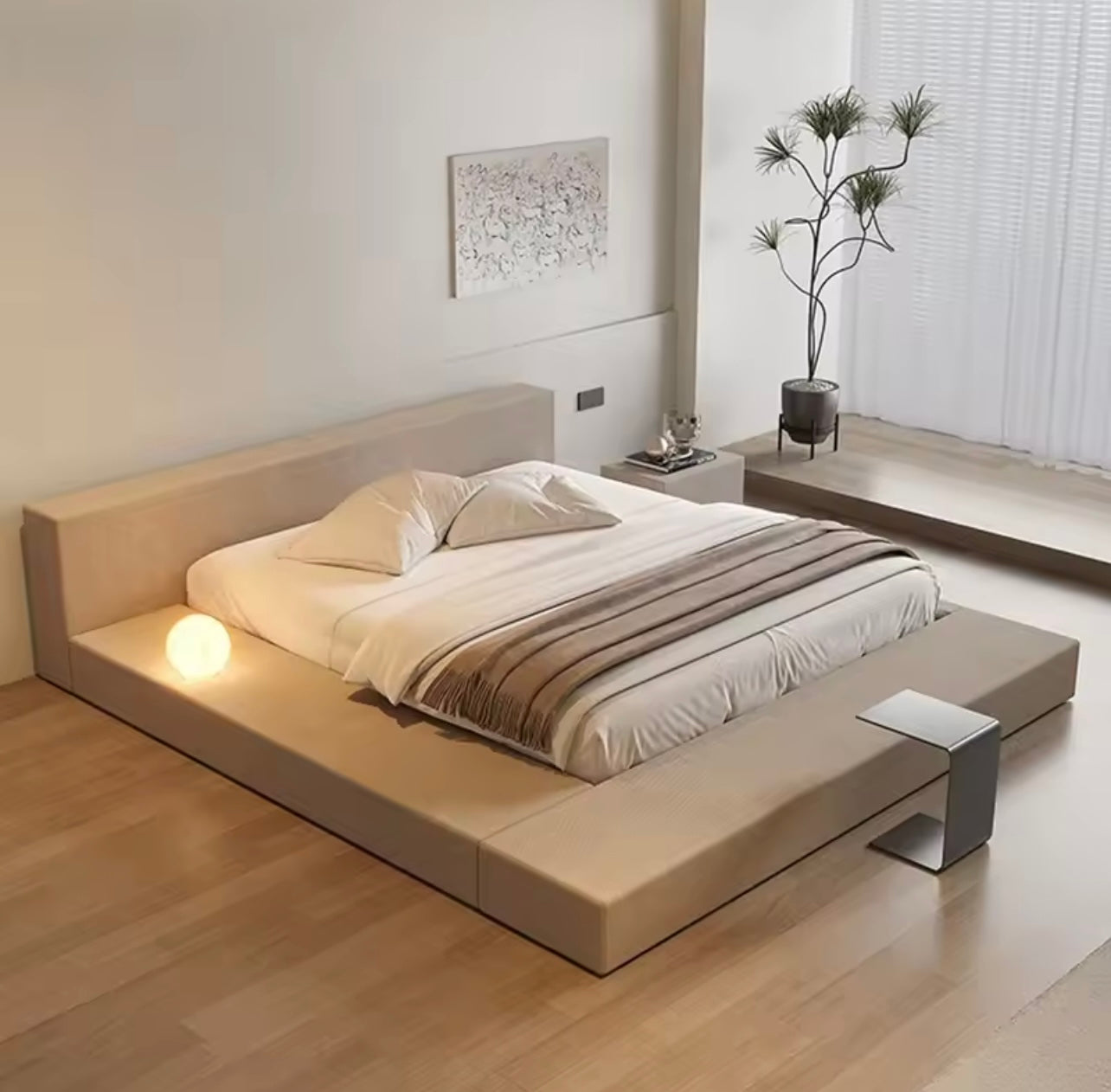 Beige Minimalist Cotton & Linen Upholstered Platform Floor Bed