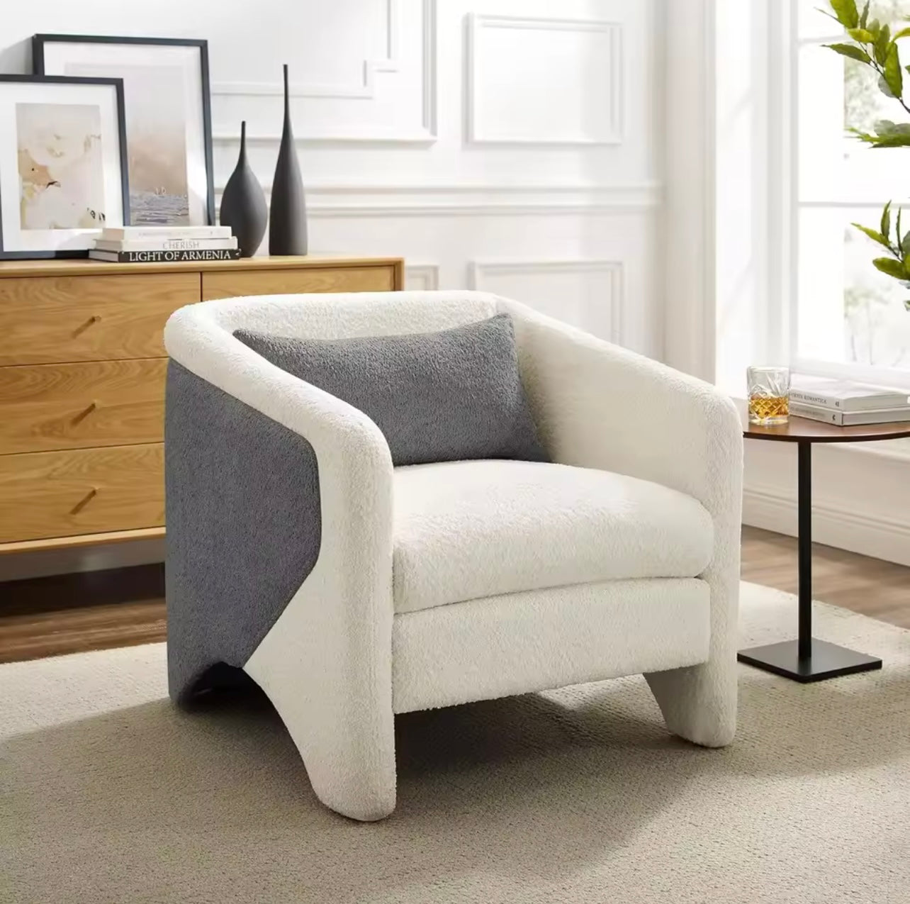 Color Block Camel and White Upholstered Accent Chair