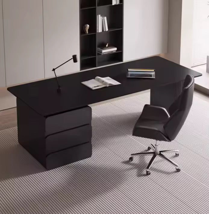 Black Executive Office Desk with Drawers, Rock Slab Top