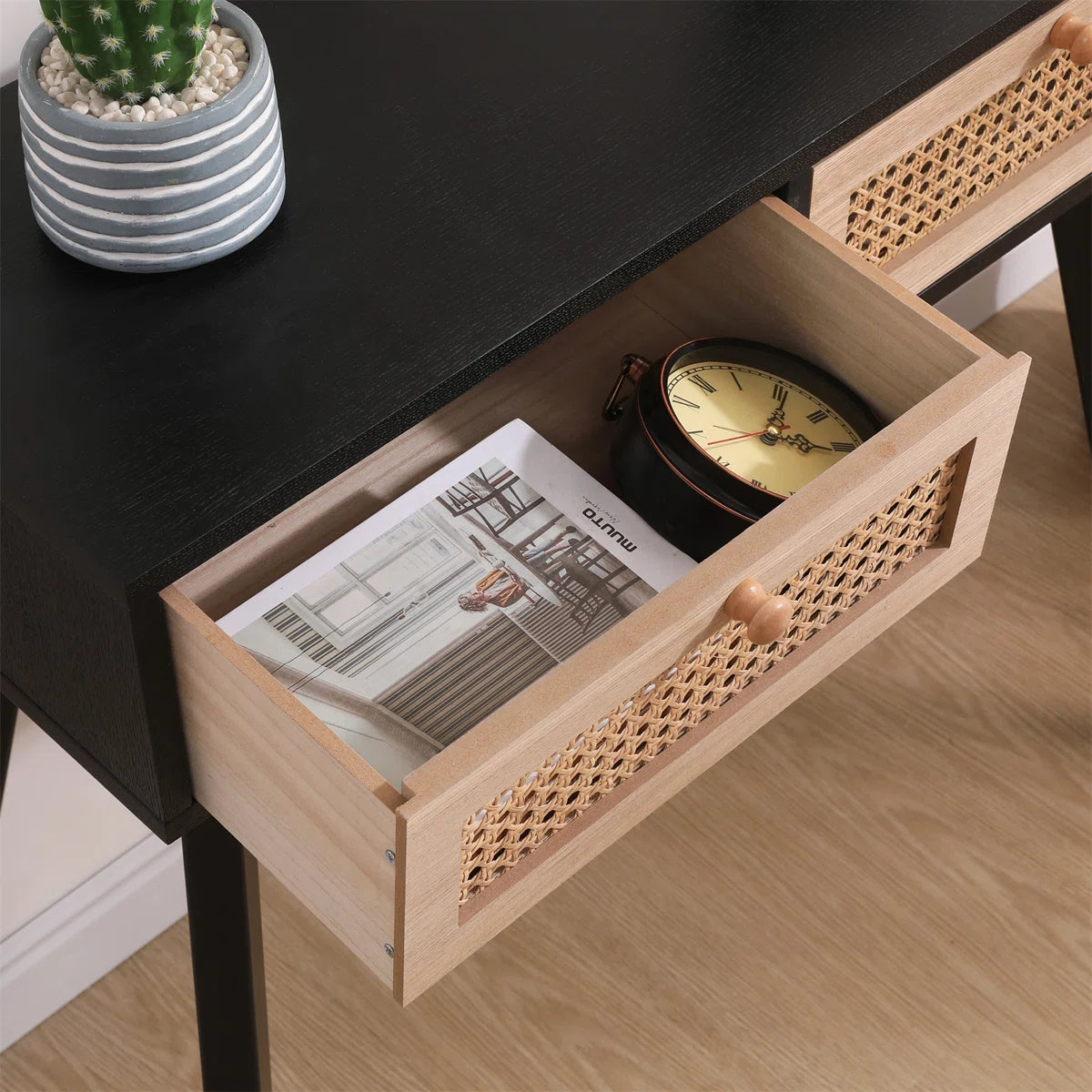 Rattan Side Table, Black Entryway Console with Storage