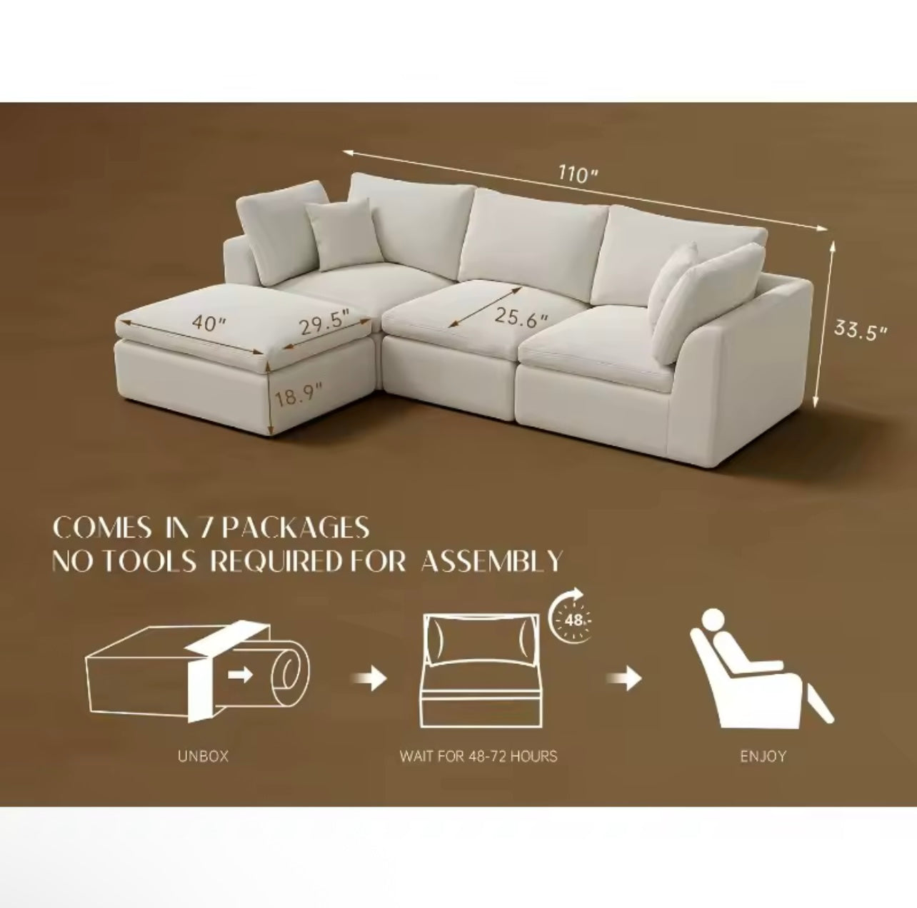 White Cloud Sofa, Convertible L-Shape Couch with Ottoman