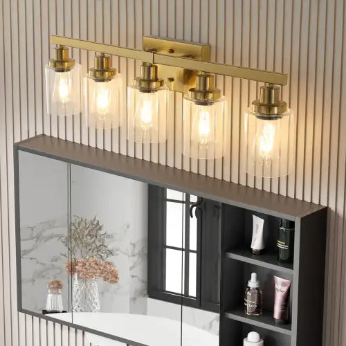 Gold Vanity Wall Light, Clear Glass Shades, Modern Bathroom Fixture