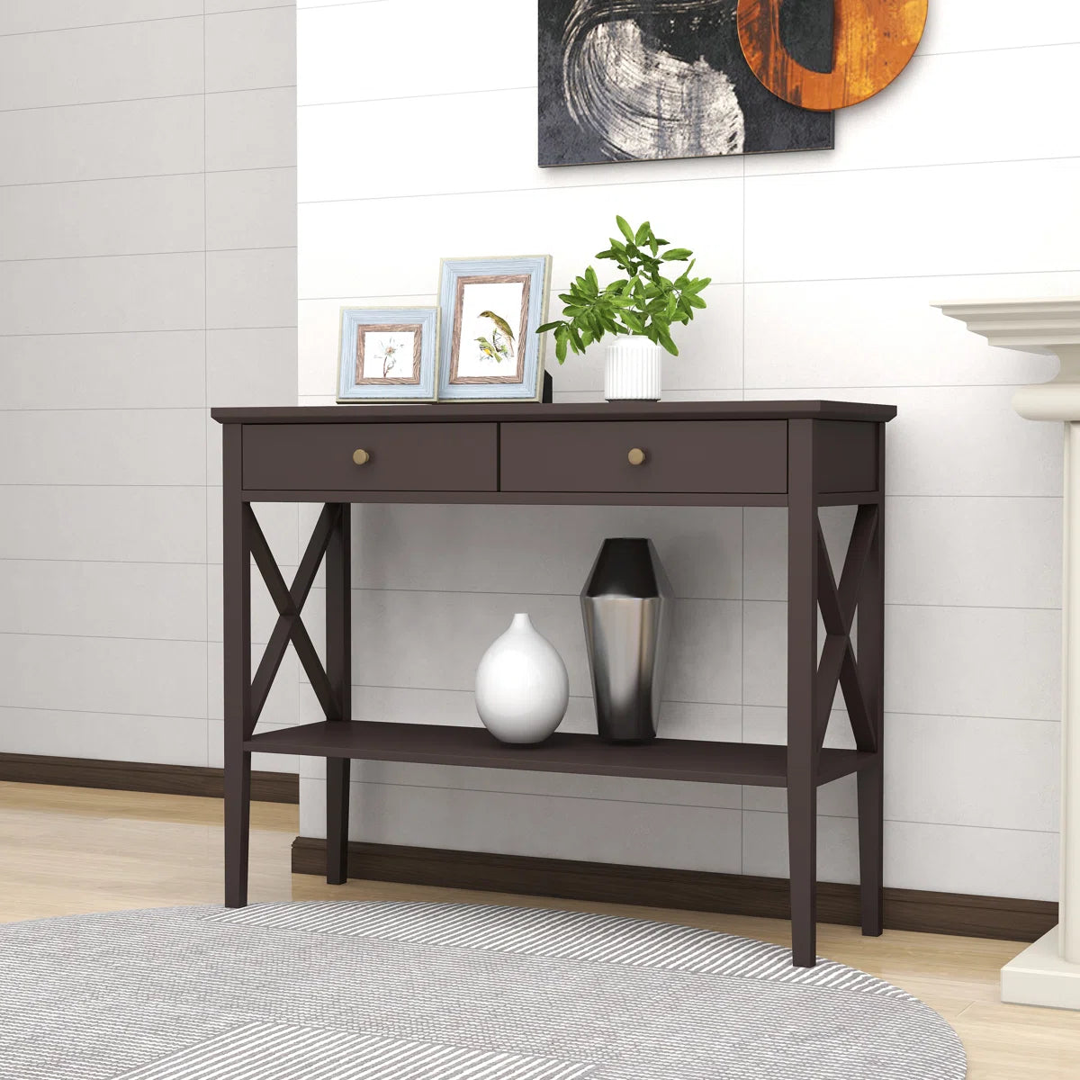 Narrow Espresso Console Table with Drawers and Shelf