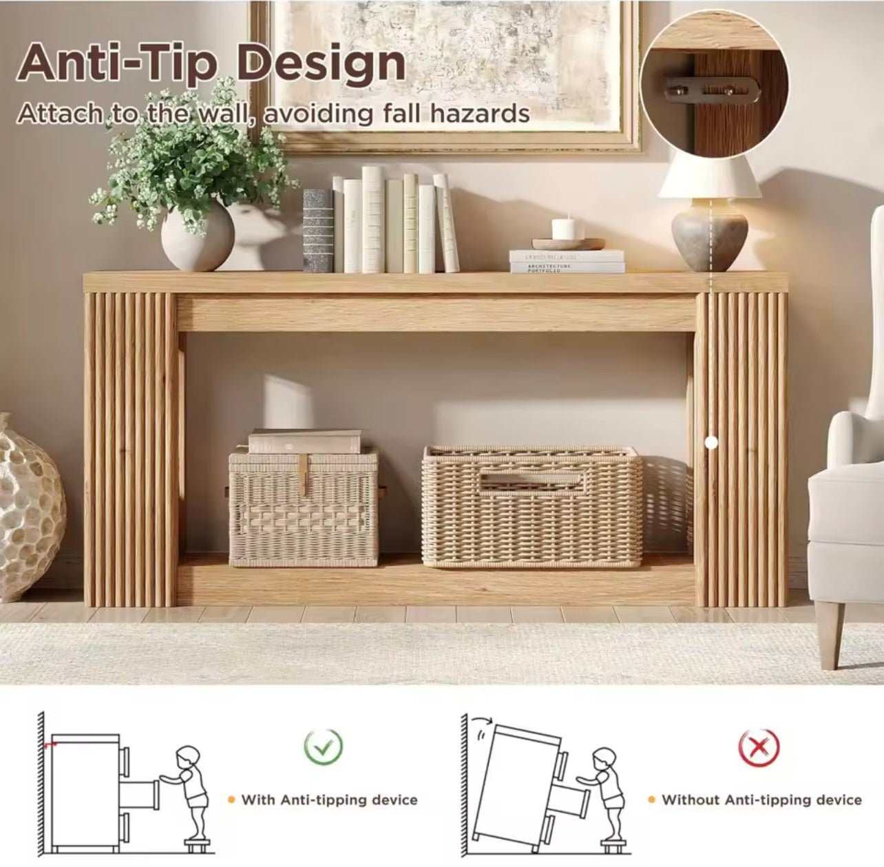 71” Farmhouse Console Table with Fluted Wood Design and Storage