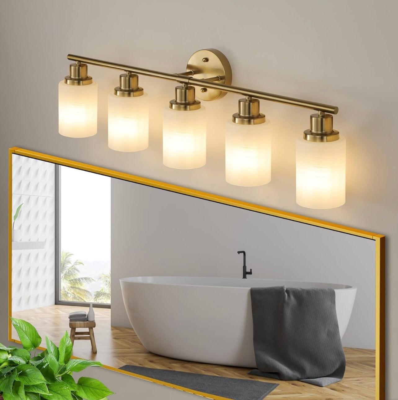 5 Gold Vanity Lamp – Frosted Glass Bathroom Fixture