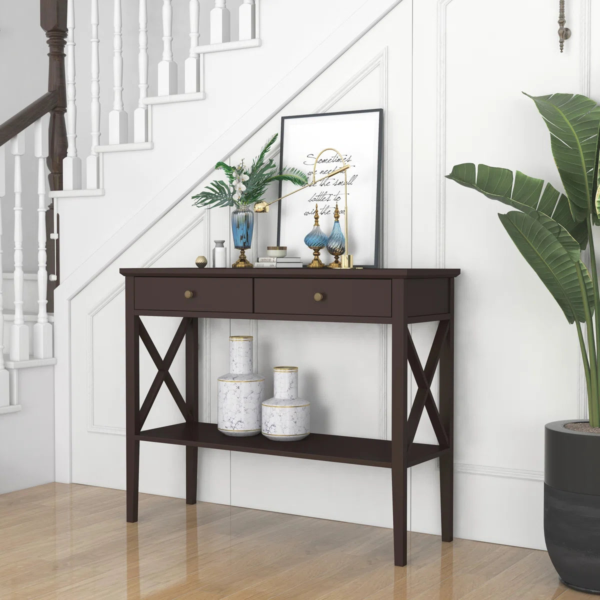 Narrow Espresso Console Table with Drawers and Shelf