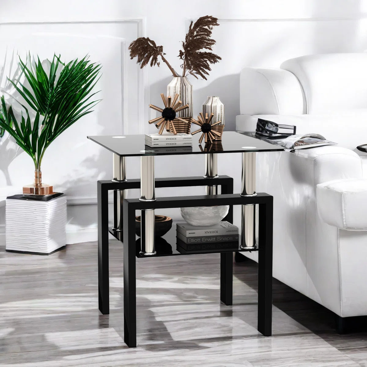 Black Tempered Glass Square End Table