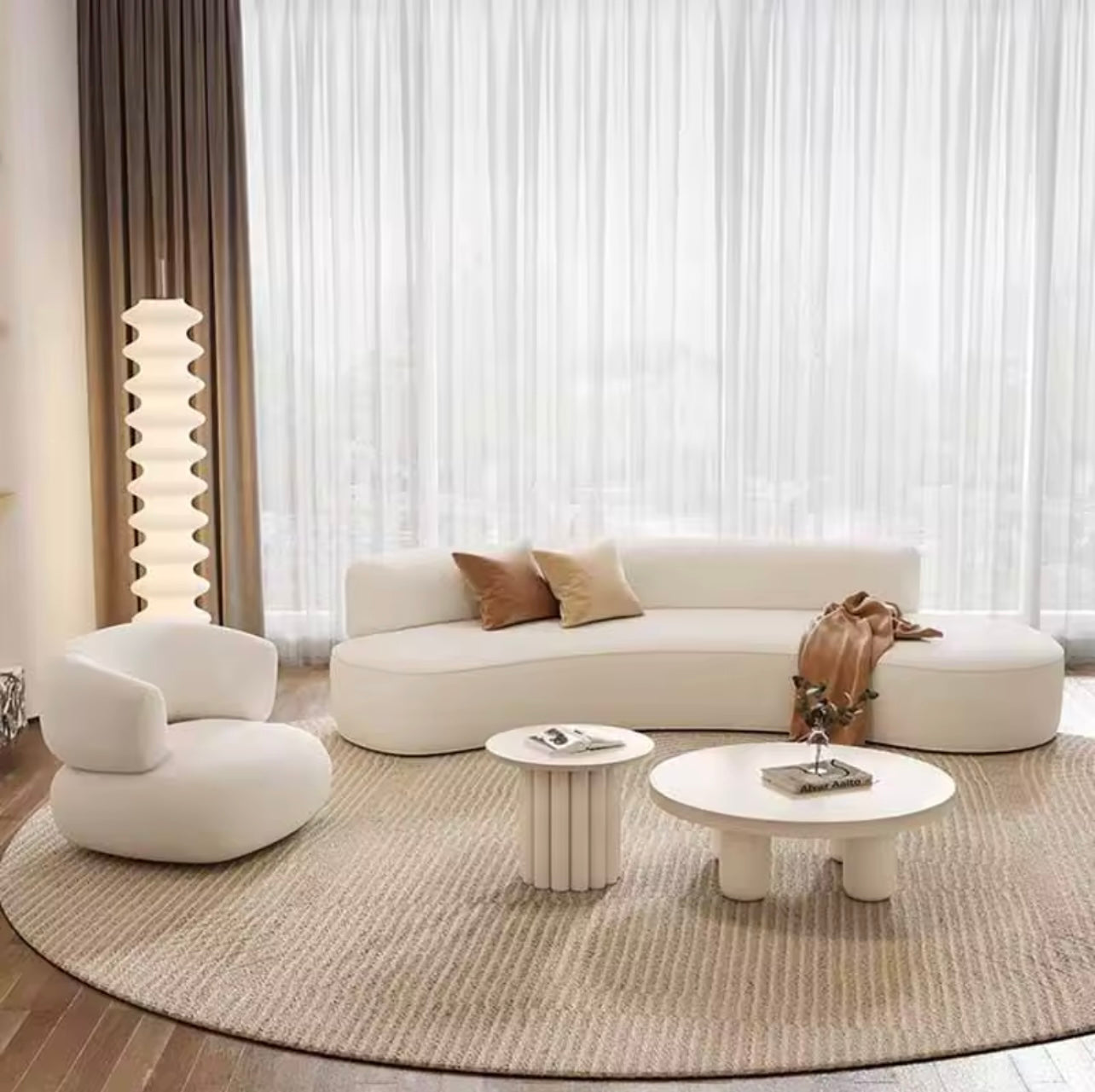 Minimalist Curved Lambswool Upholstery Sofa in White