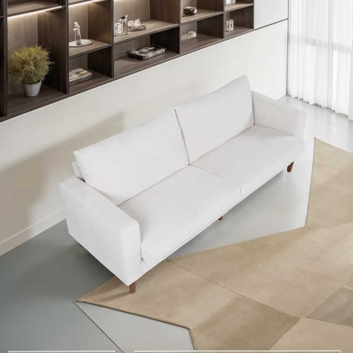 Beige Linen Upholstered Compact Sofa with Cushions