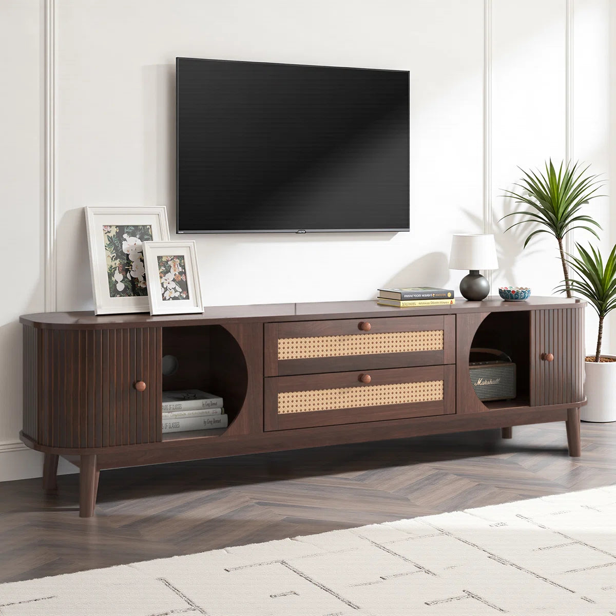 Modern Rattan TV Stand with Solid Wood Legs 75"