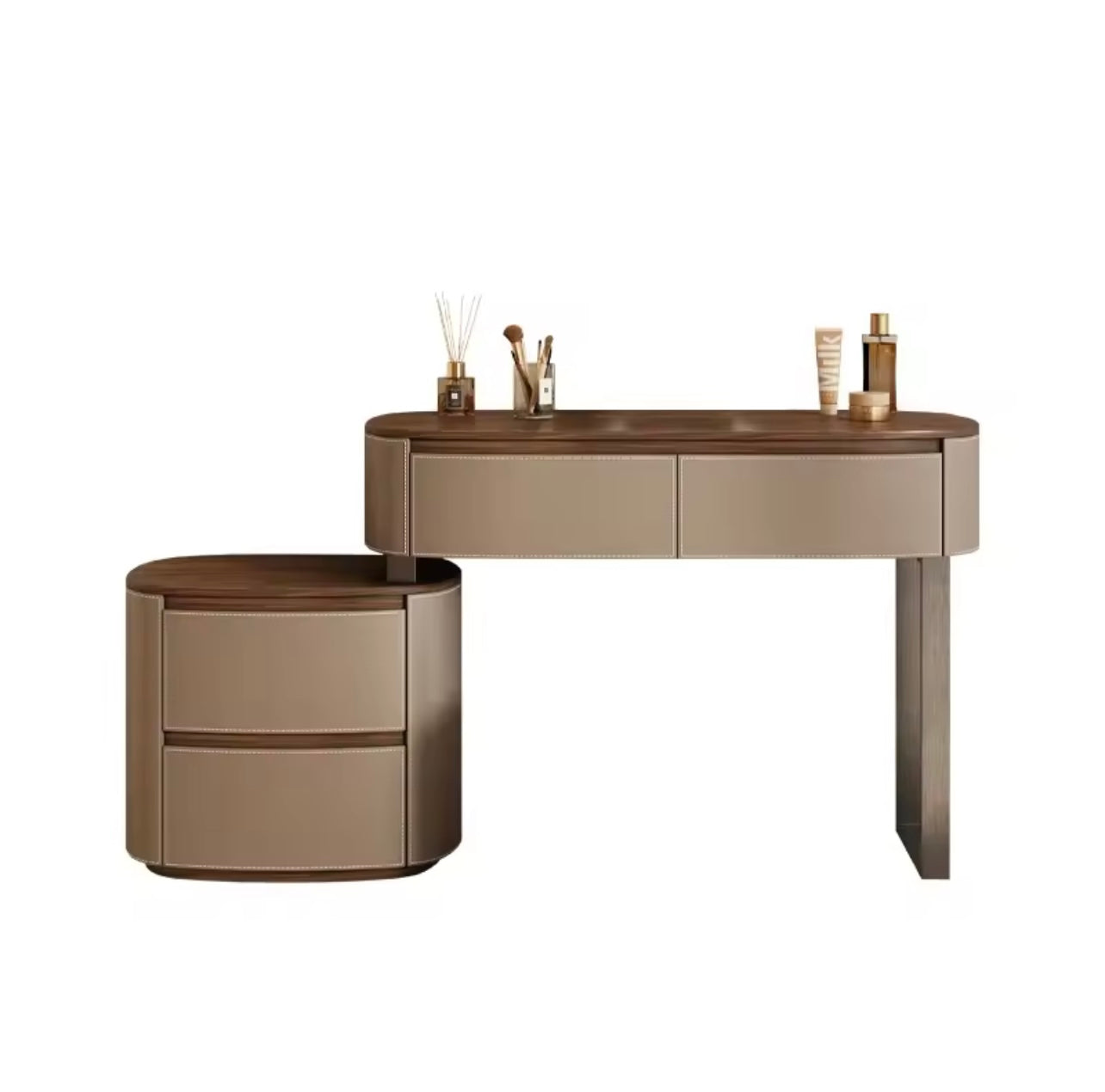 Saddle Leather Vanity Table with LED Mirror & Adjustable Storage, Walnut