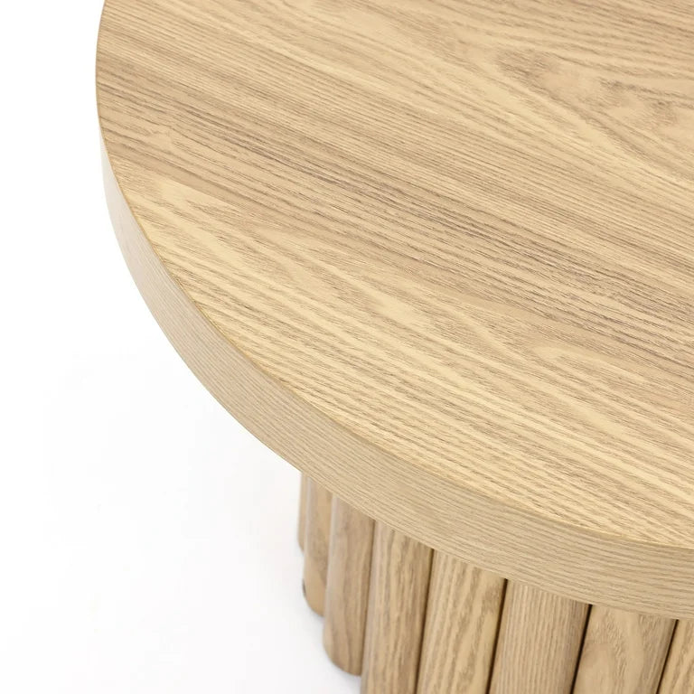 23.6" Fluted Round Wood Side Table – Oak Finish