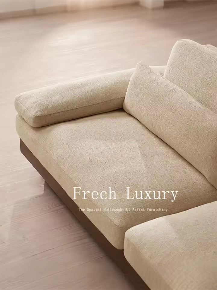 Beige Cotton and Linen French Minimalist Sofa with Walnut Base