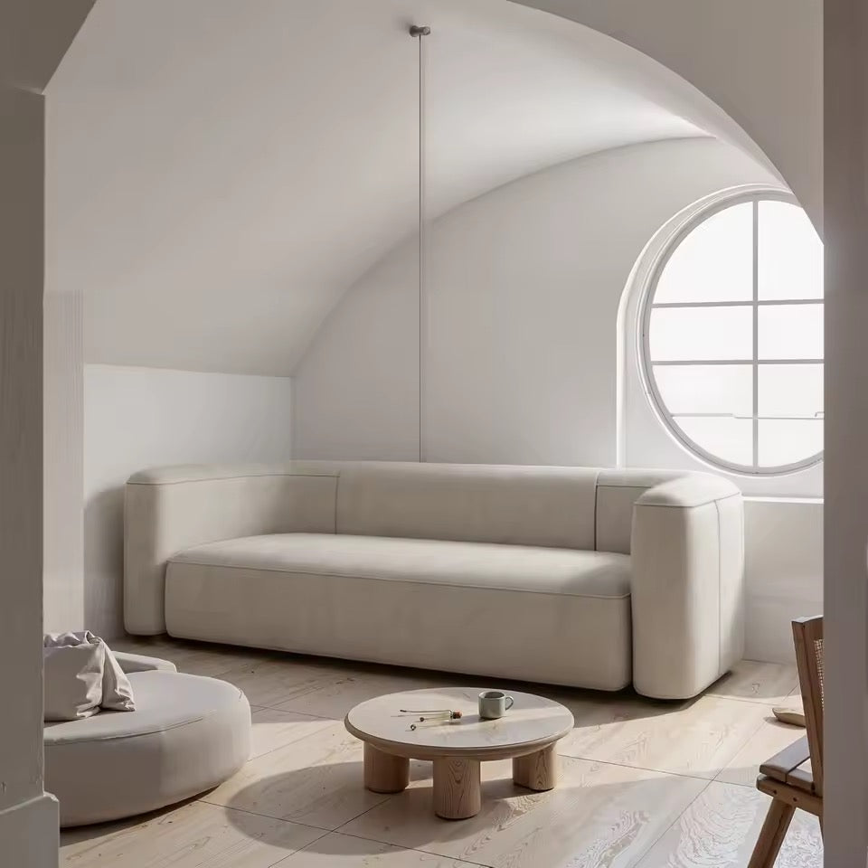 Beige Modern Curved Back Velvet Sofa, Minimalist 3 Seater Couch