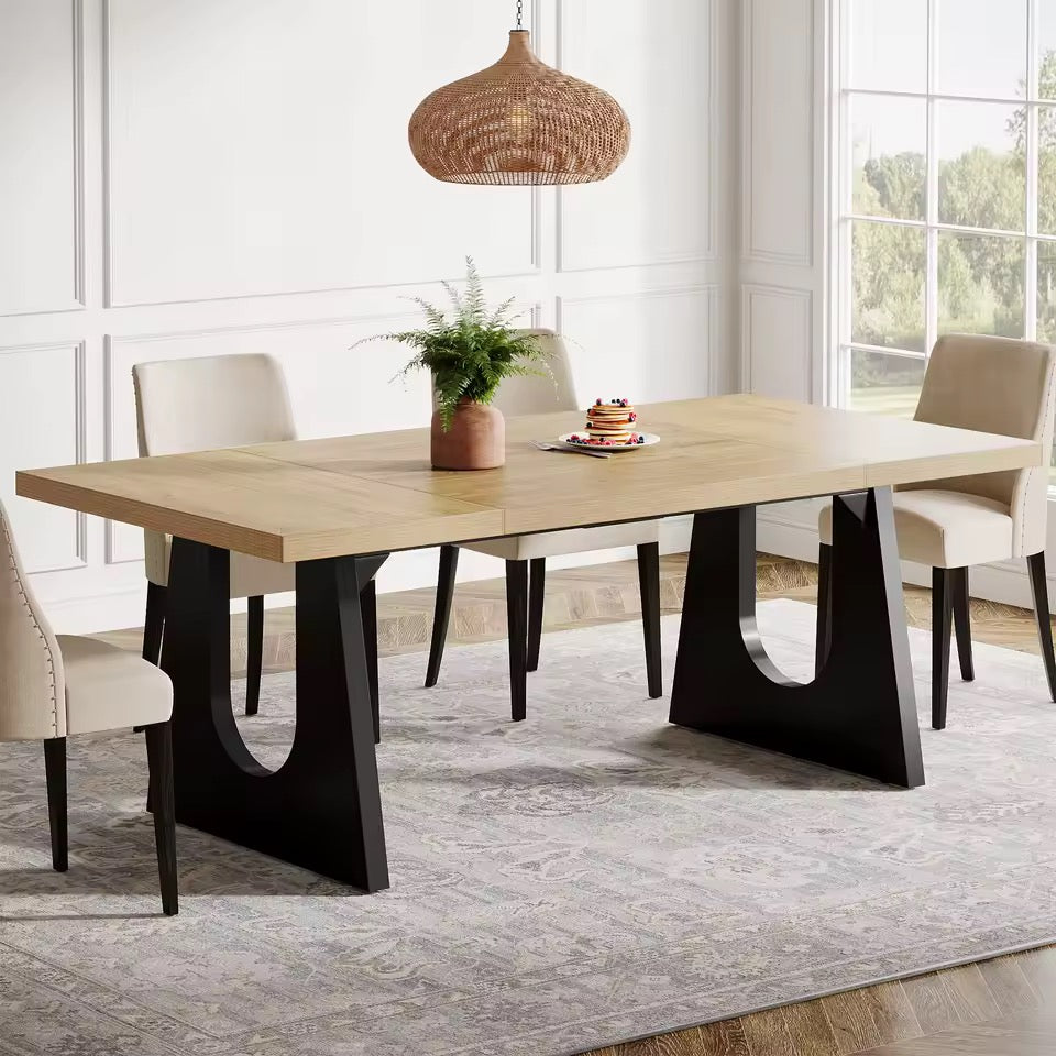 70.9” Oak and Black Large Modern Dining Table for 6-8 People