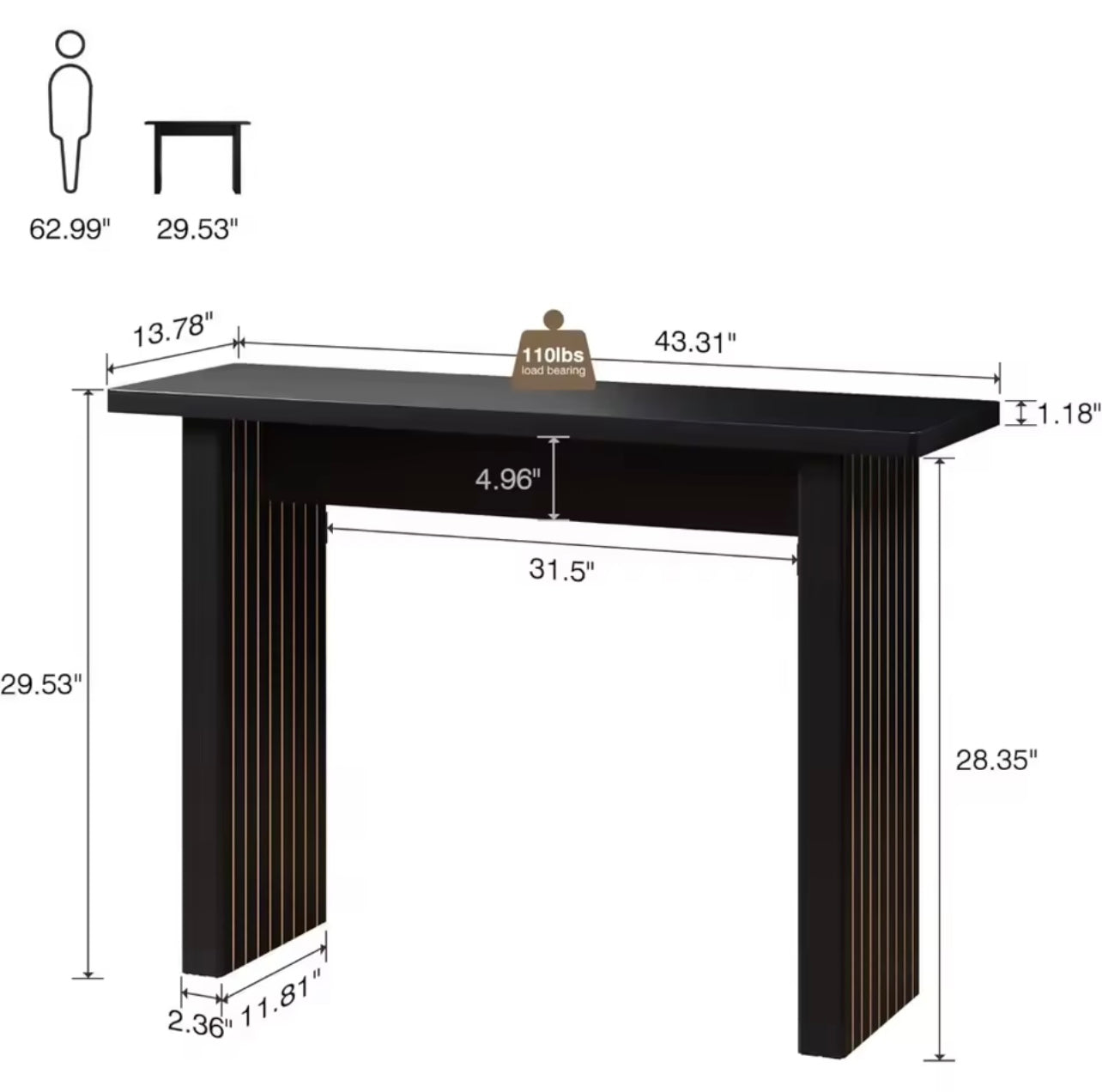 43” Mid-Century Fluted Console Table, Slim Entryway Accent Table