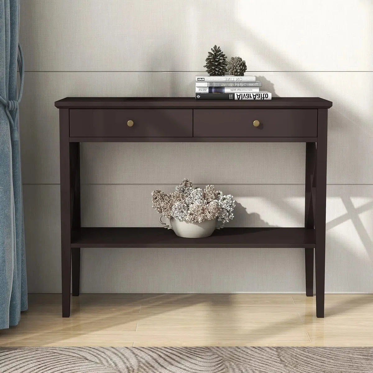 Narrow Espresso Console Table with Drawers and Shelf