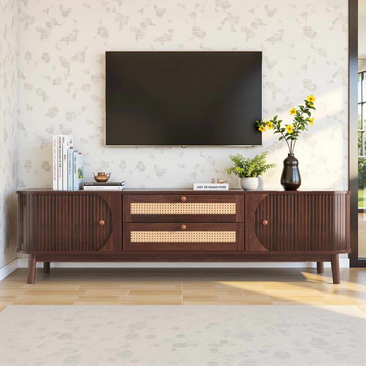 Modern Rattan TV Stand with Solid Wood Legs 75"