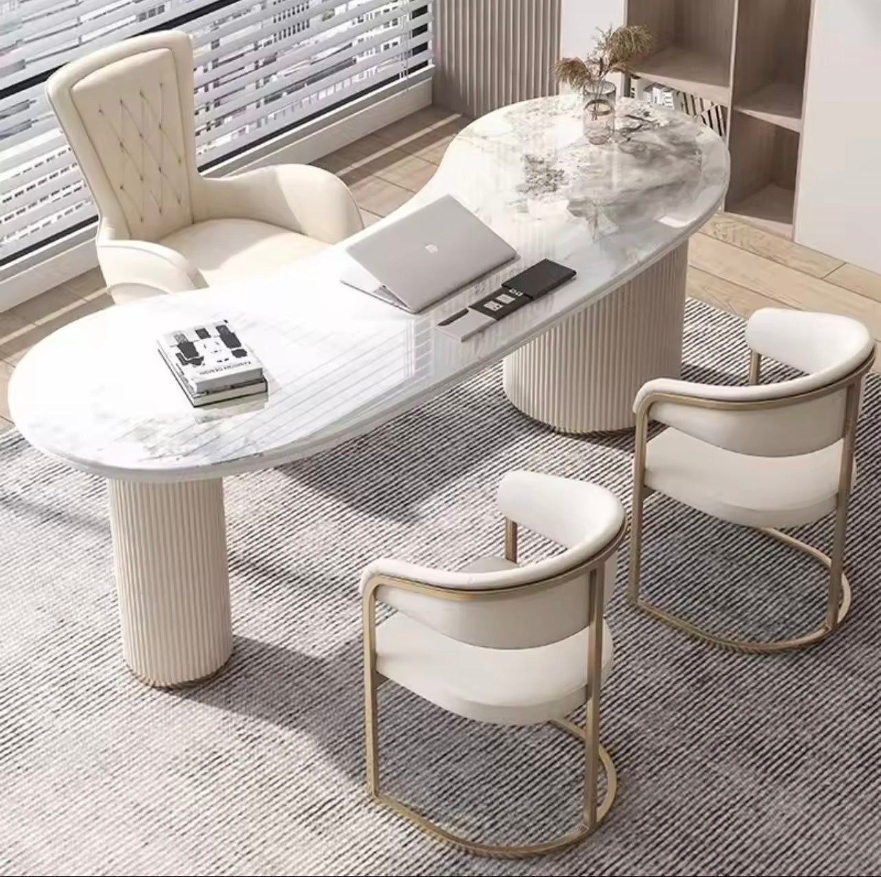 Italian Rock Slab Desk with Drawers and USB Ports, White