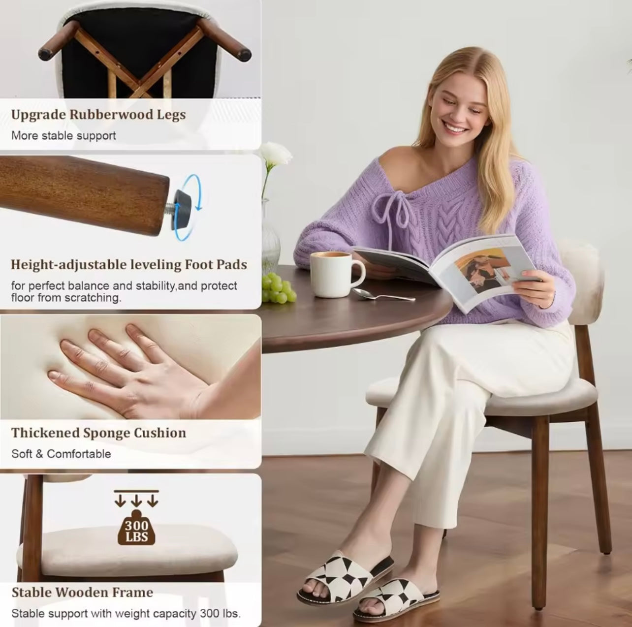 Set of 4 Mid Century Upholstered Dining Chairs Upholstered, Beige