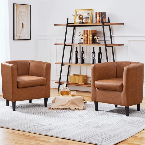 Modern Brown PU Leather Barrel Accent Chair