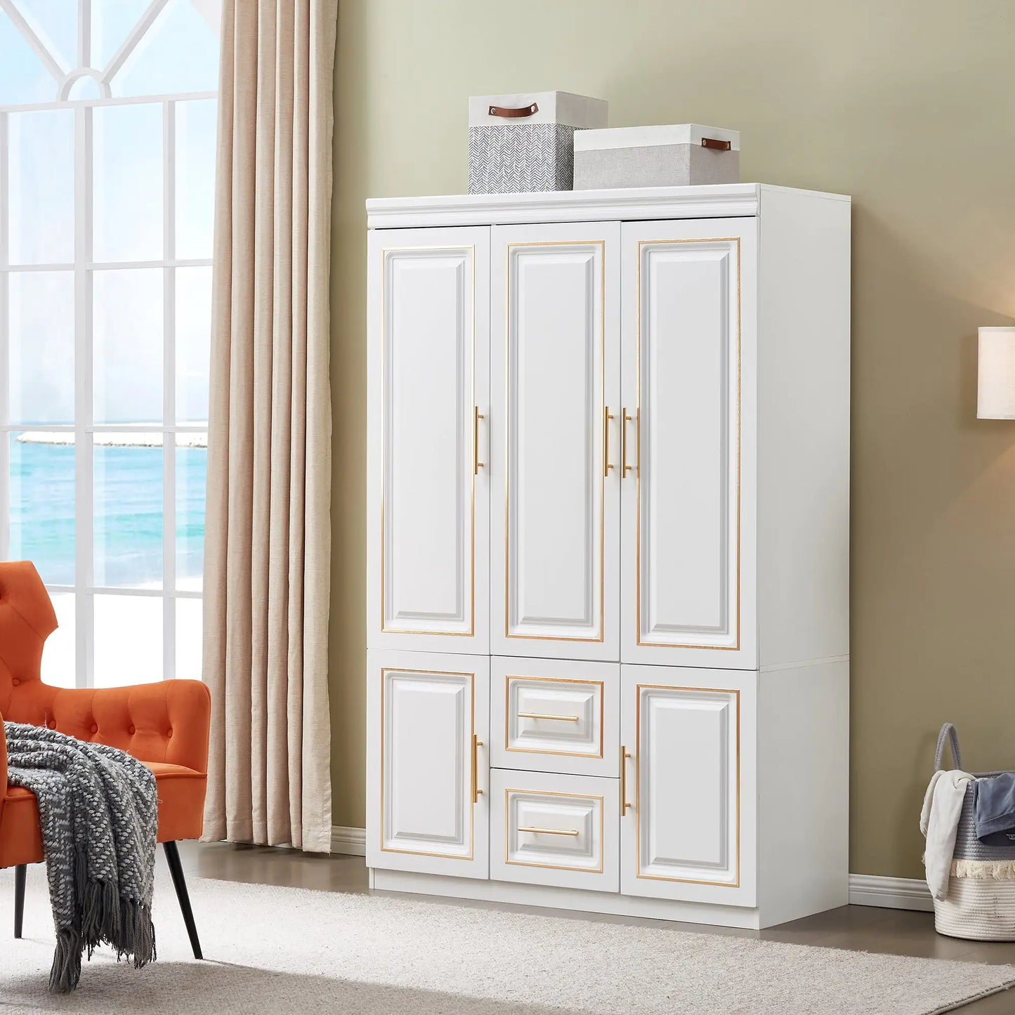74" White 3-Door Bedroom Wardrobe with Drawers