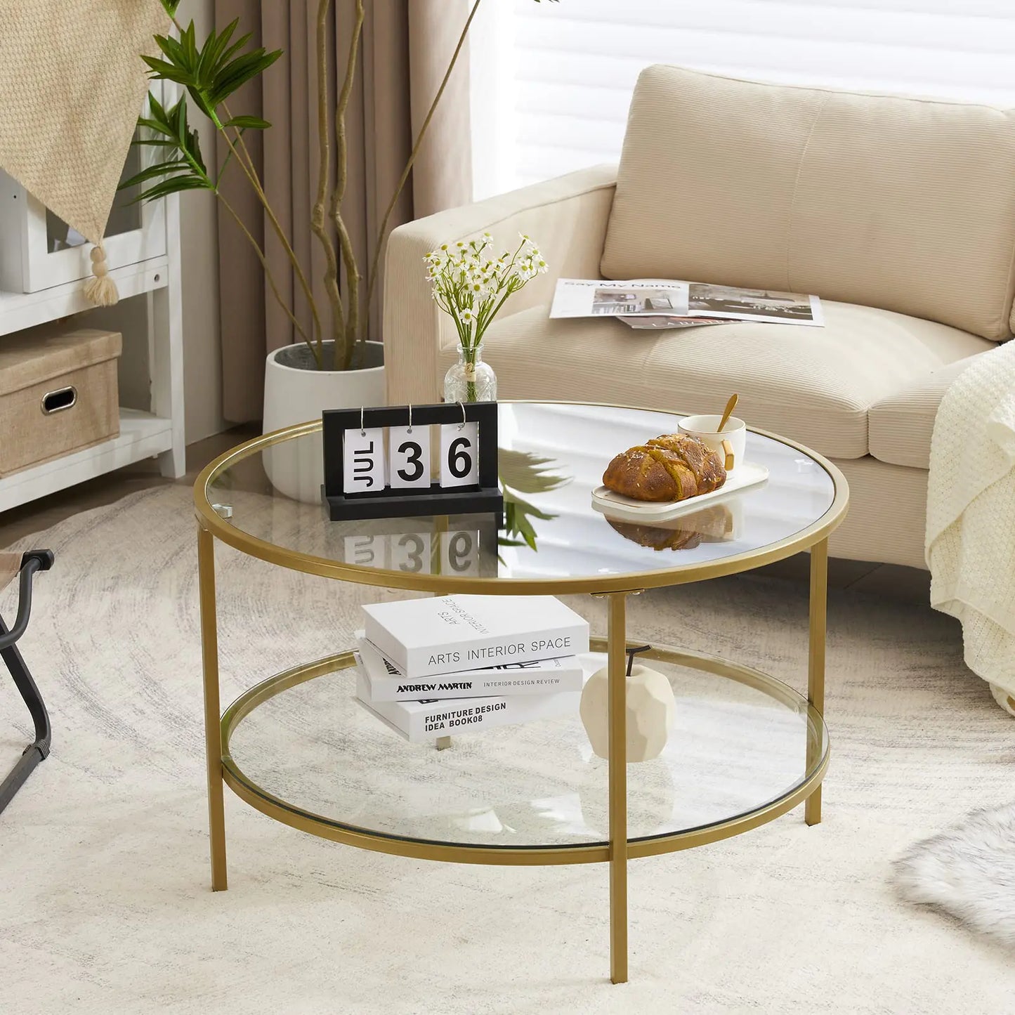 30" Modern Round Glass Coffee Table with Gold Base