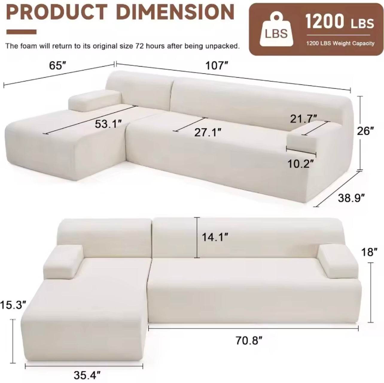 107” L-Shaped Chenille Fabric Modular Sectional Sofa, Beige
